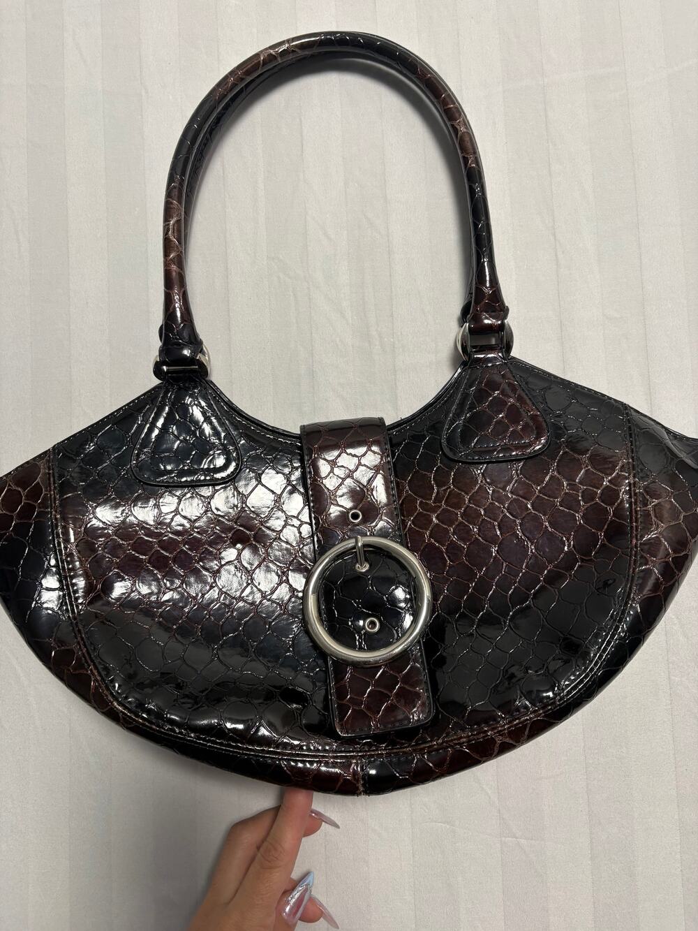 Vintage Y2K Faux Croc Patent Shoulder Bag Brown Black Buckle Accent Purse